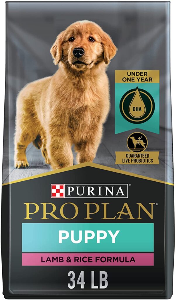 A 34 pound bag of purina pro plan puppy dog food. 